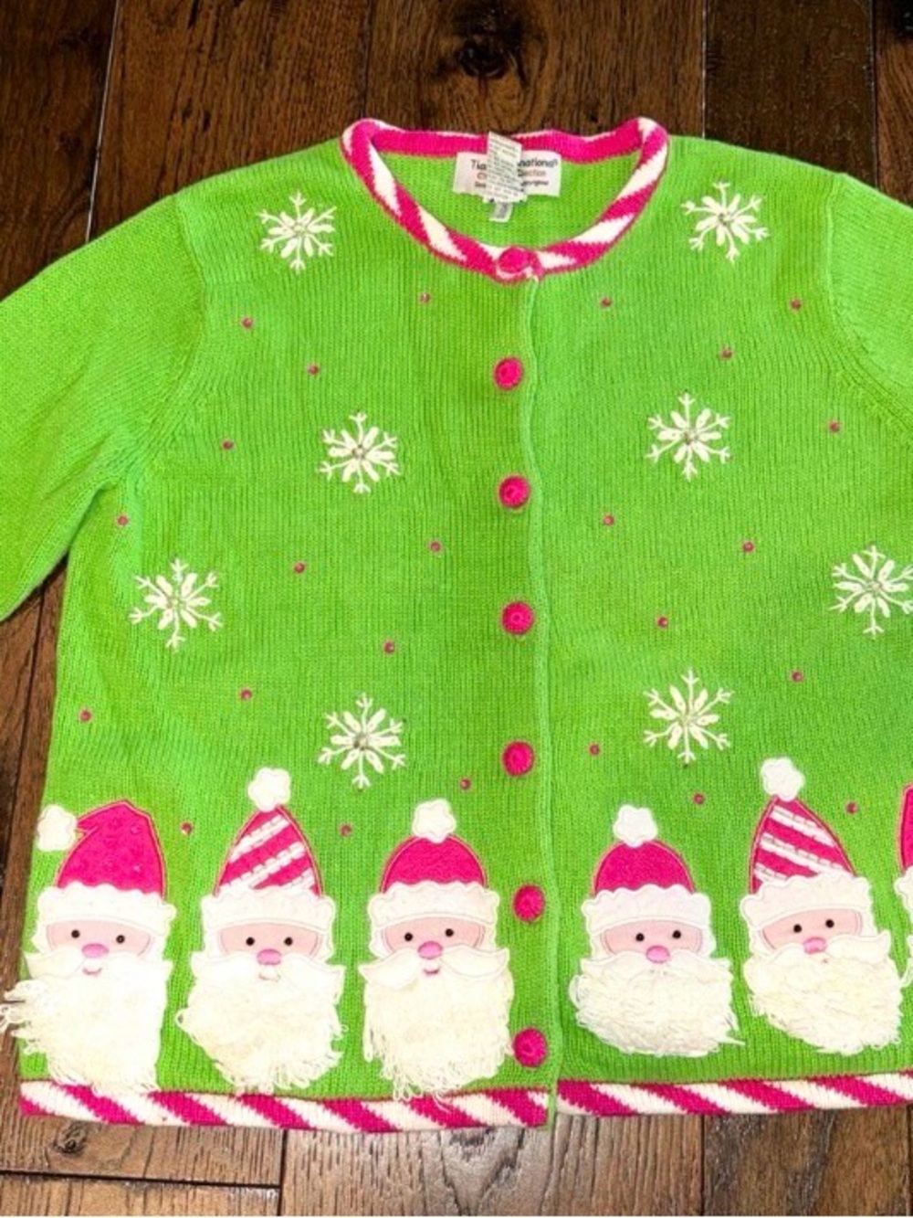 Tiara Lime Green Holiday Cardigan with Pink Trim